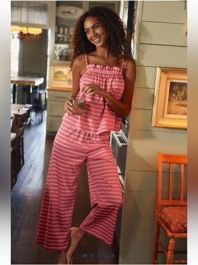 LAKE Pima Ruffle Pants and Tank Set in Winterberry Size XL Pink Stripe